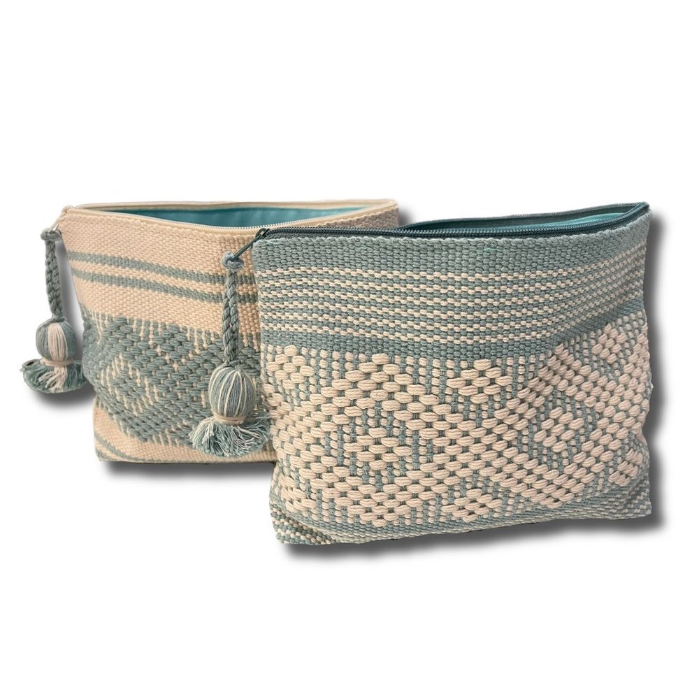 2-PACK SET HANDWOVEN AQUA AND CREAM MAKE UP ACCESSORY BAGS 100% COTTON EXTERIOR